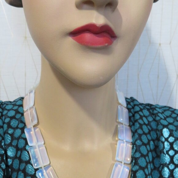 Antique Vintage OPALINE OPALESCENT opalite rectangle necklace fire moonstone - Picture 10 of 12